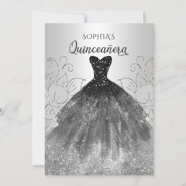 Silver Black Gnistra Dress Quinceañera Quince Inbjudningar (Framsida)