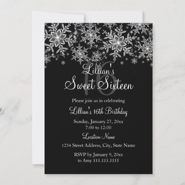 Silver & Black Gnistra Snowflake Sweet 16 Inbjudan (Framsida)