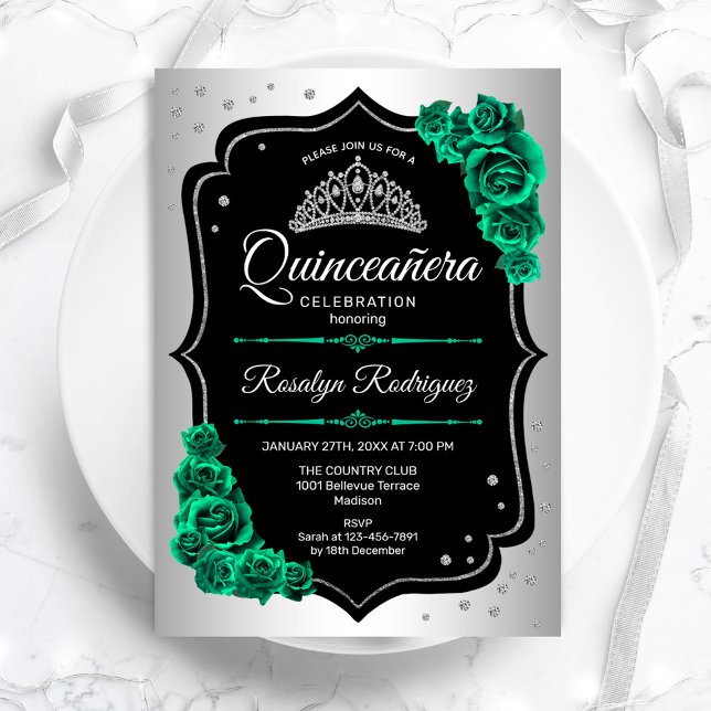 Silver Black Grönt Quinceanera Inbjudningar (Skapare uppladdad)