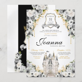Silver Black Guld Blommigt Royal Princess Birthday Inbjudningar