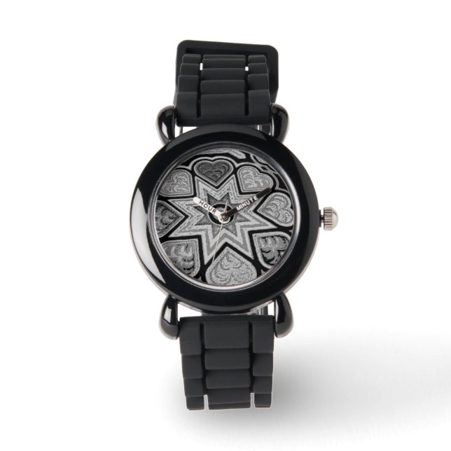 Silver & Black Hearts and Stars Watch Armbandsur (Framsida)