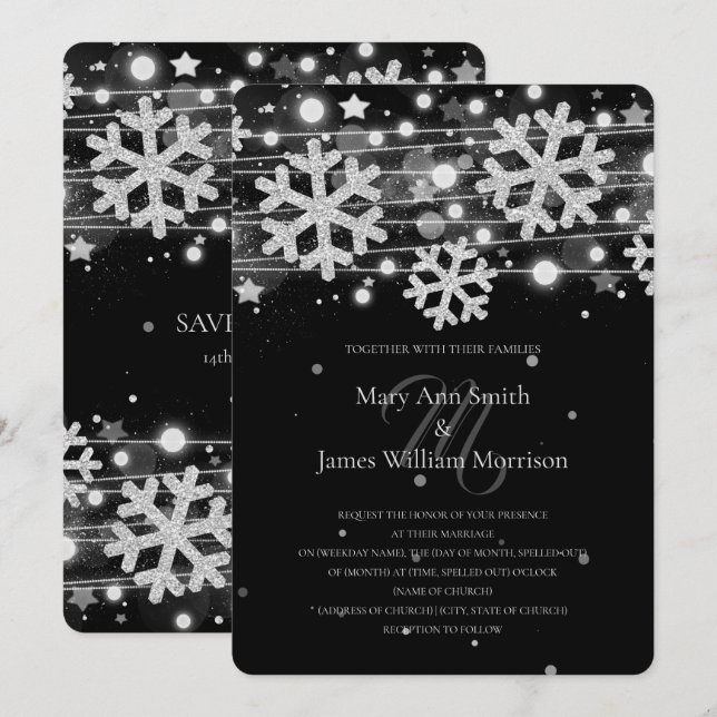 Silver & Black Holiday Wedding Save The Date Inbjudningar (Fram/baksida)