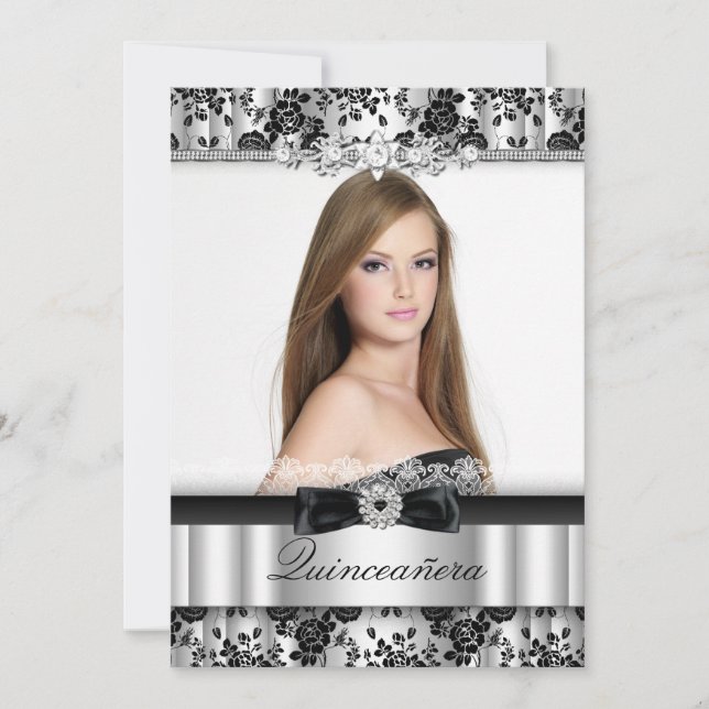 Silver & Black Lace Foto Quinceañera Inbjudan (Framsida)