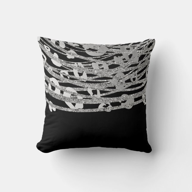 Silver & Black Leopard Gepard Tryck Mönster Glam Kudde (Framsida)