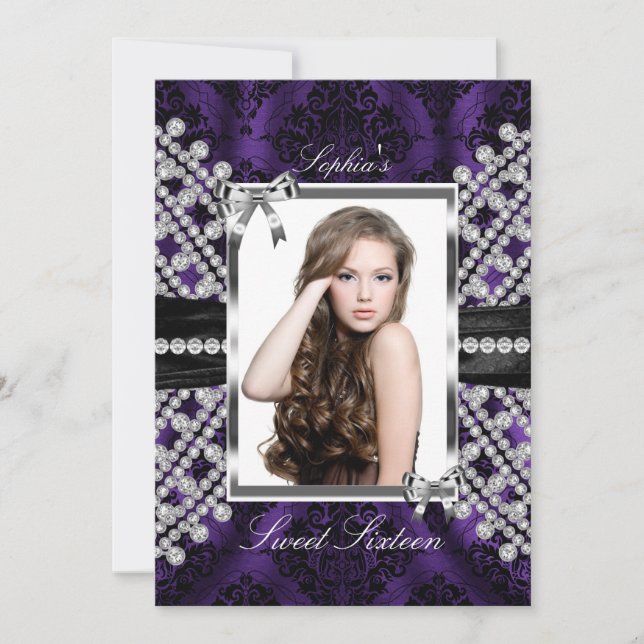 Silver Black Lila Jewel & Damask Photo Sweet 16 Inbjudningar (Framsida)