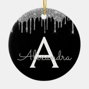 Silver Black Luxury Glitter Glam Monogram Namn Julgransprydnad Keramik
