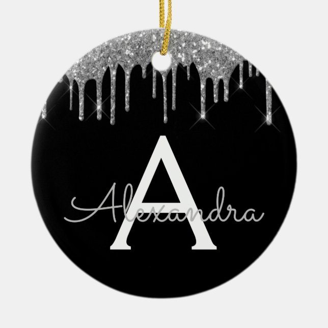 Silver Black Luxury Glitter Glam Monogram Namn Julgransprydnad Keramik (Framsidan)