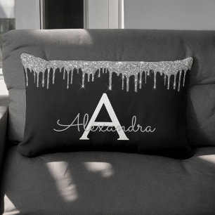 Silver Black Luxury Glitter Glam Monogram Namn Lumbarkudde