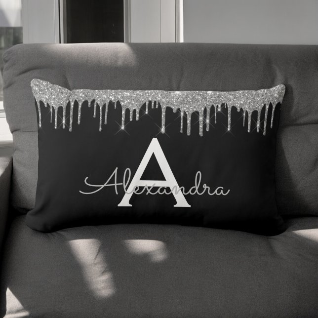 Silver Black Luxury Glitter Glam Monogram Namn Lumbarkudde (Skapare uppladdad)