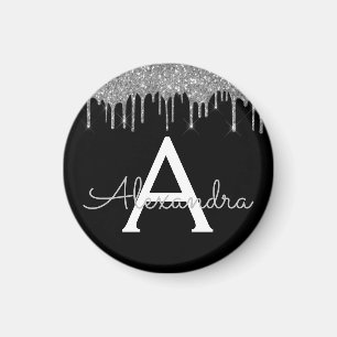 Silver Black Luxury Glitter Glam Monogram Namn Magnet