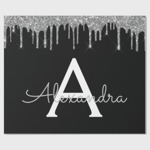 Silver Black Luxury Glitter Glam Monogram Namn Presentpapper