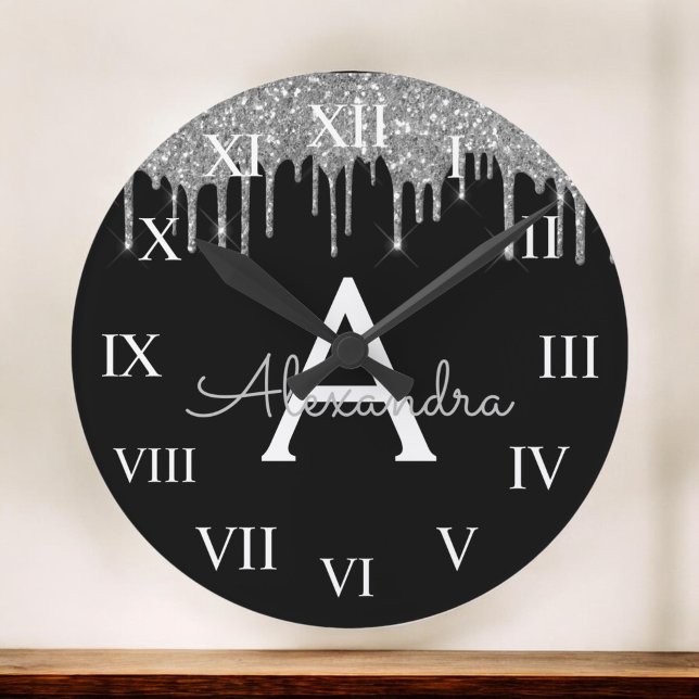 Silver Black Luxury Glitter Glam Monogram Namn Rund Klocka (Skapare uppladdad)