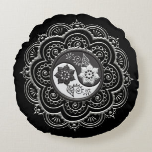 Silver & Black Mandala Rund Kudde