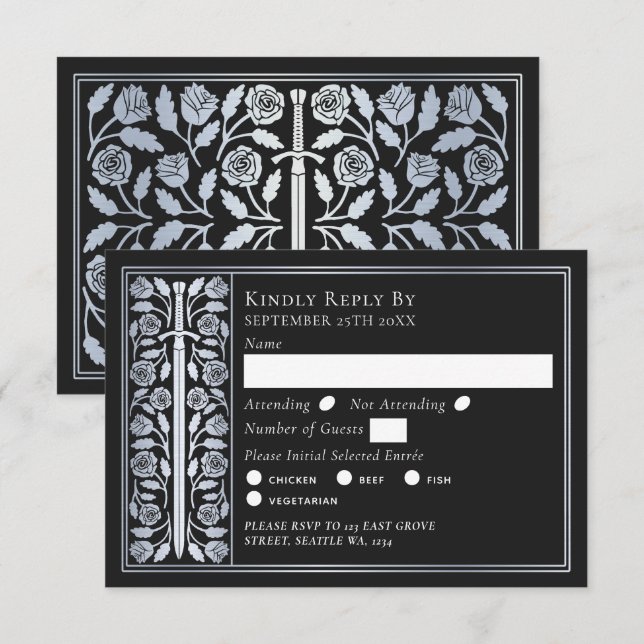 Silver Black Medieval Sword Wedding RSVP OSA Kort (Fram/baksida)