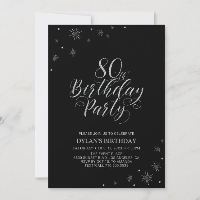 Silver & Black | Modern Chic 80:e Födelsedagsfeste Inbjudningar (Framsida)