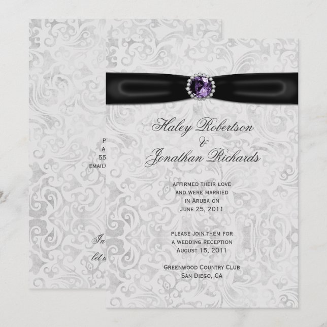 Silver Black Ribbon Lila Jewel Post Bröllop Inbjudningar (Fram/baksida)