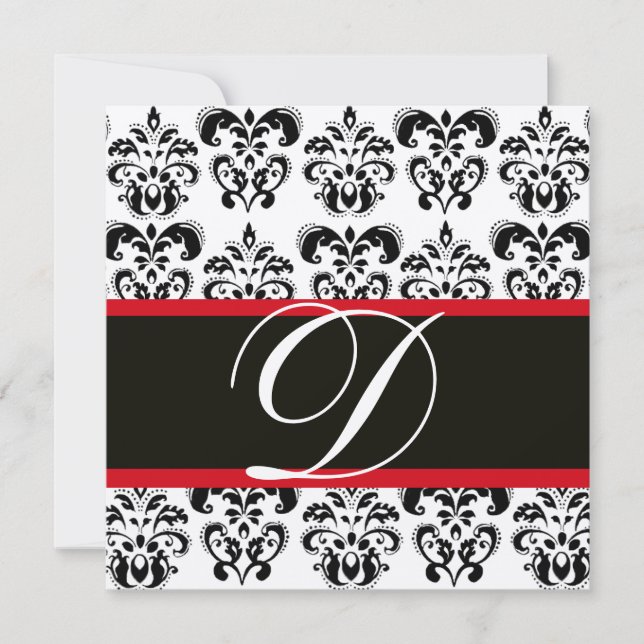 SILVER & BLACK  RÖD  DAMASK MONOGRAM , vit Inbjudningar (Framsida)