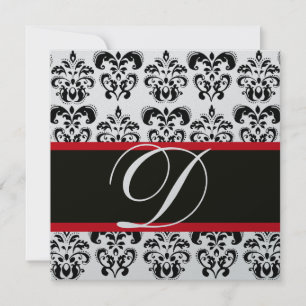 SILVER & BLACK RÖD DAMAST MONOGRAM , vit Inbjudningar