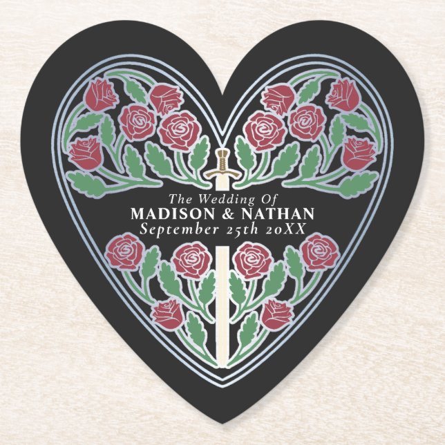 Silver Black Royal Medieval Floral Sword Wedding Underlägg Papper (Framsida)