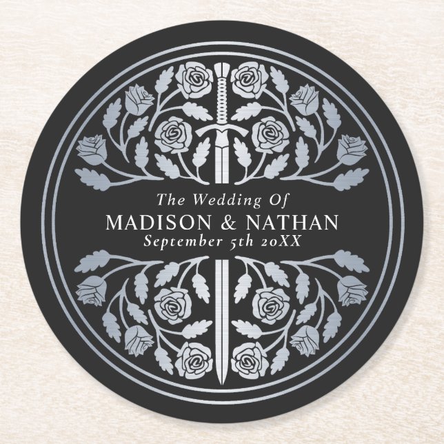 Silver Black Royal Medieval Sword Wedding Underlägg Papper Rund (Framsidan)