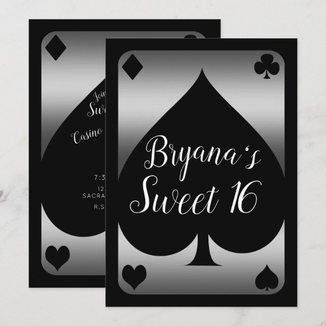 Silver & Black Spade Glam Casino Sweet 16-fest Inbjudningar (Fram/baksida)