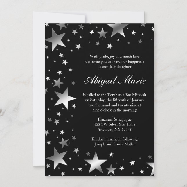 Silver Black Stars Bat mitzvah Inbjudningar (Framsida)