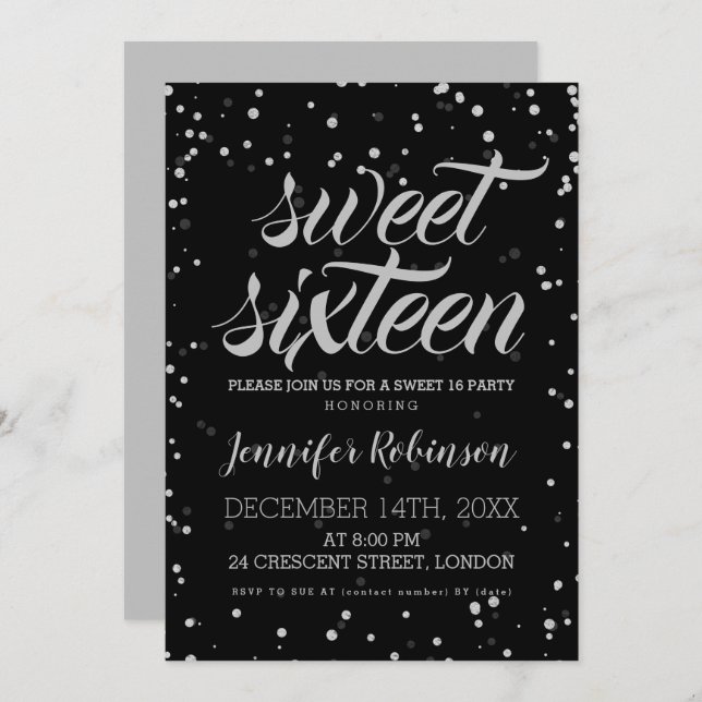 Silver Black Sweet 16 Glitter Gnistra Confetti Inbjudningar (Fram/baksida)