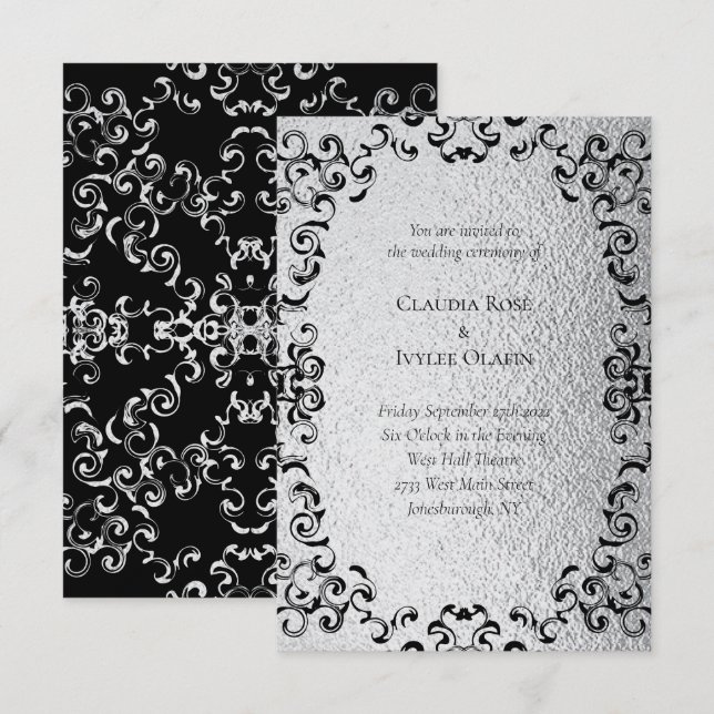 Silver & Black Swirl Gothic Bröllop Inbjudningar (Fram/baksida)