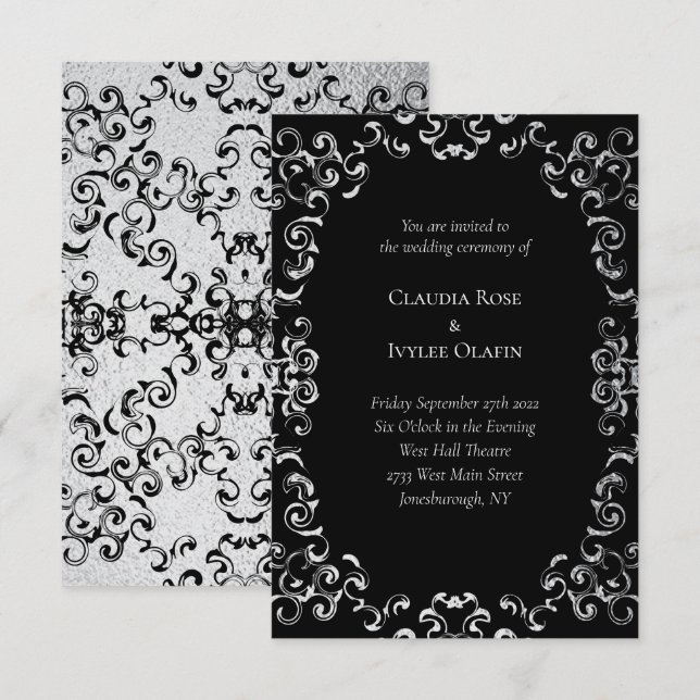 Silver & Black Swirl Gothic Bröllop Inbjudningar (Fram/baksida)