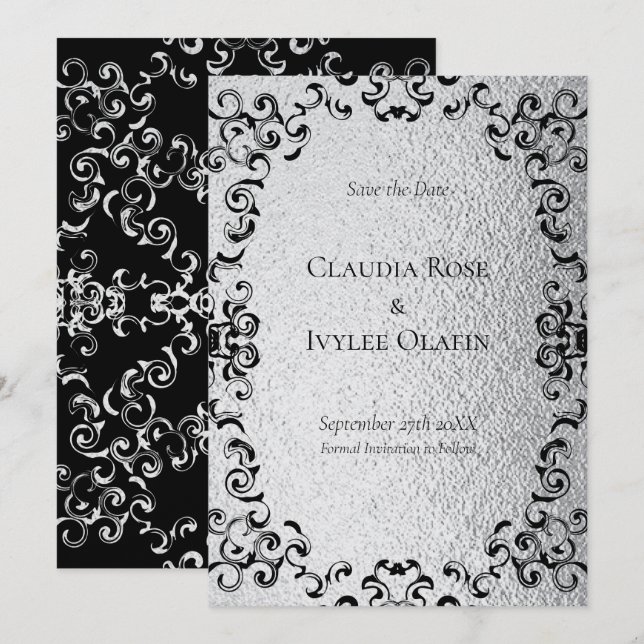 Silver & Black Swirl Gothic Bröllop Inbjudningar (Fram/baksida)