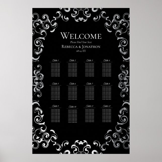 Silver & Black Swirl Gothic Bröllop Poster (Framsidan)