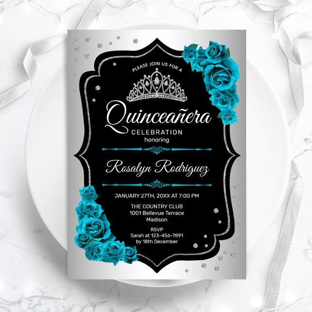 Silver Black Teal Quinceanera Inbjudningar (Skapare uppladdad)