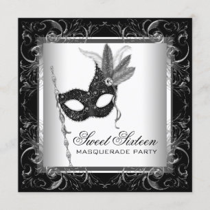 Silver Black White Sweet 16 maskerad Party Inbjudningar