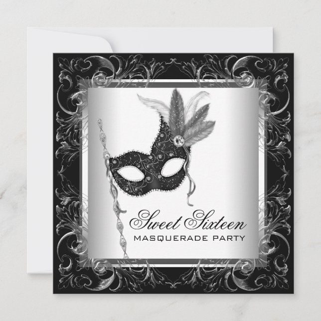 Silver Black White Sweet 16 Masquerad Party Inbjudningar (Framsida)