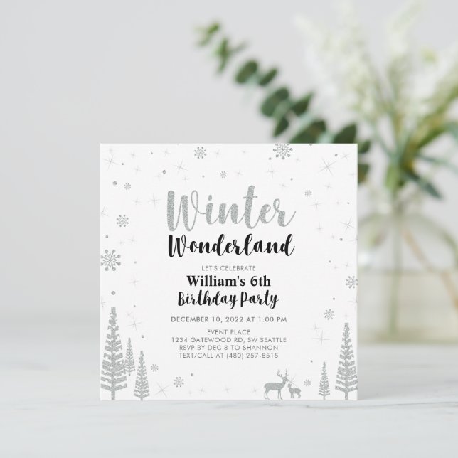 Silver & Black Winter Wonderland Boy Birthday Inbjudningar (Stående Fram)