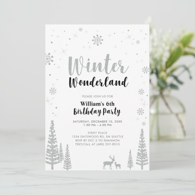 Silver & Black Winter Wonderland Boy Birthday Inbjudningar (Stående Fram)