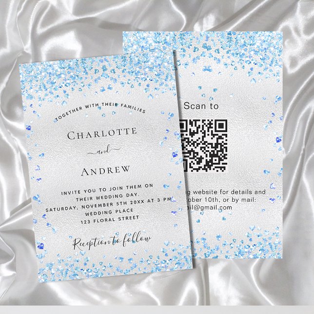 Silver-blåhjärtan QR-kod OSA bröllop Inbjudningar (Skapare uppladdad)