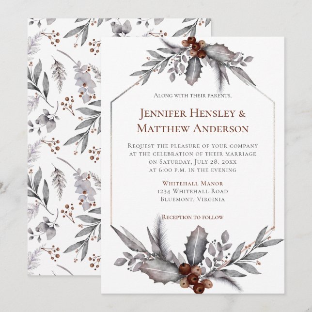Silver, blått Grått, Rusty Brown Winter Wedding Inbjudningar (Fram/baksida)