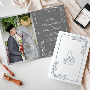 Silver Blommig Grå Foto Muslimsk Bröllop Folierat Kort