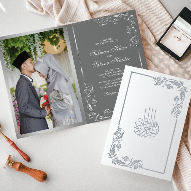 Silver Blommig Grå Foto Muslimsk Bröllop Folierat Kort (Skapare uppladdad)