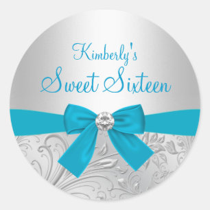 Silver Blommig Virvel & Bow Sweet Sixteen Klisterm Runt Klistermärke