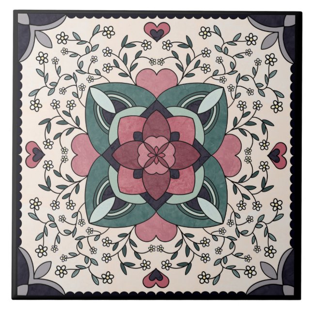 Silver Blommigt Bloom Retro Mandala Ceramic Tile Kakelplatta (Framsidan)