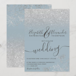 Silver blommigt, dammblått manus glitter bröllop inbjudningar