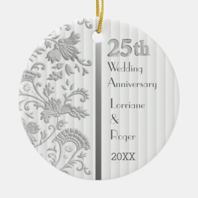 Silver Blommigt Elegance25:e Bröllop-årsdagen Julgransprydnad Keramik (Framsidan)