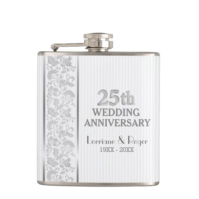 Silver Blommigt Elegance 25:e Bröllop-årsdagen Fickplunta (Framsidan)