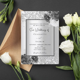 Silver blommigt elegant monokrom bröllop inbjudningar