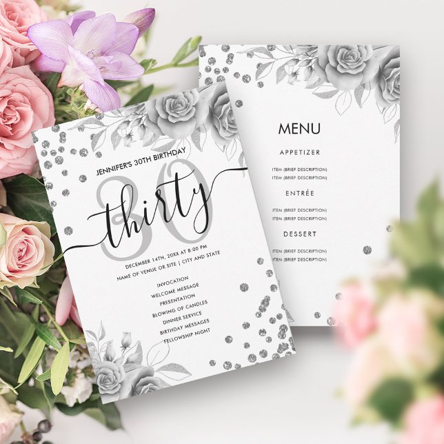 Silver Blommigt Glitter 30 Birthday Menu Program (Silver Floral Glitter 30 Birthday Menu Program)
