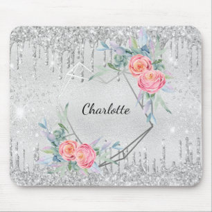 Silver blommigt glitter droppar  rosa namn musmatta
