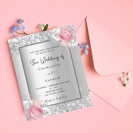 Silver blommigt - inbjudan till rosa med vit bröl