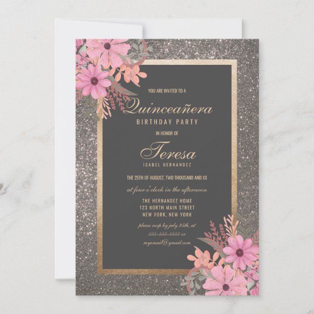 Silver Blommigt Löv Watercolor Glitter Quinceañera Inbjudningar (Framsida)